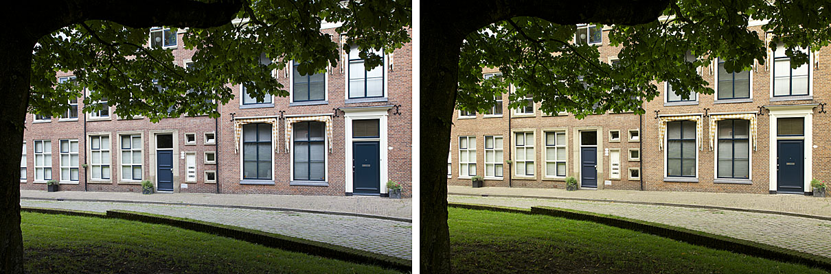 foto van straat in bocht met huizen achter boomgebladerte, Links: Automatische witbalans, rechts: Witbalans met Expodisc. Beide opnamen diafragma F11, sluitertijd 1/50 S.