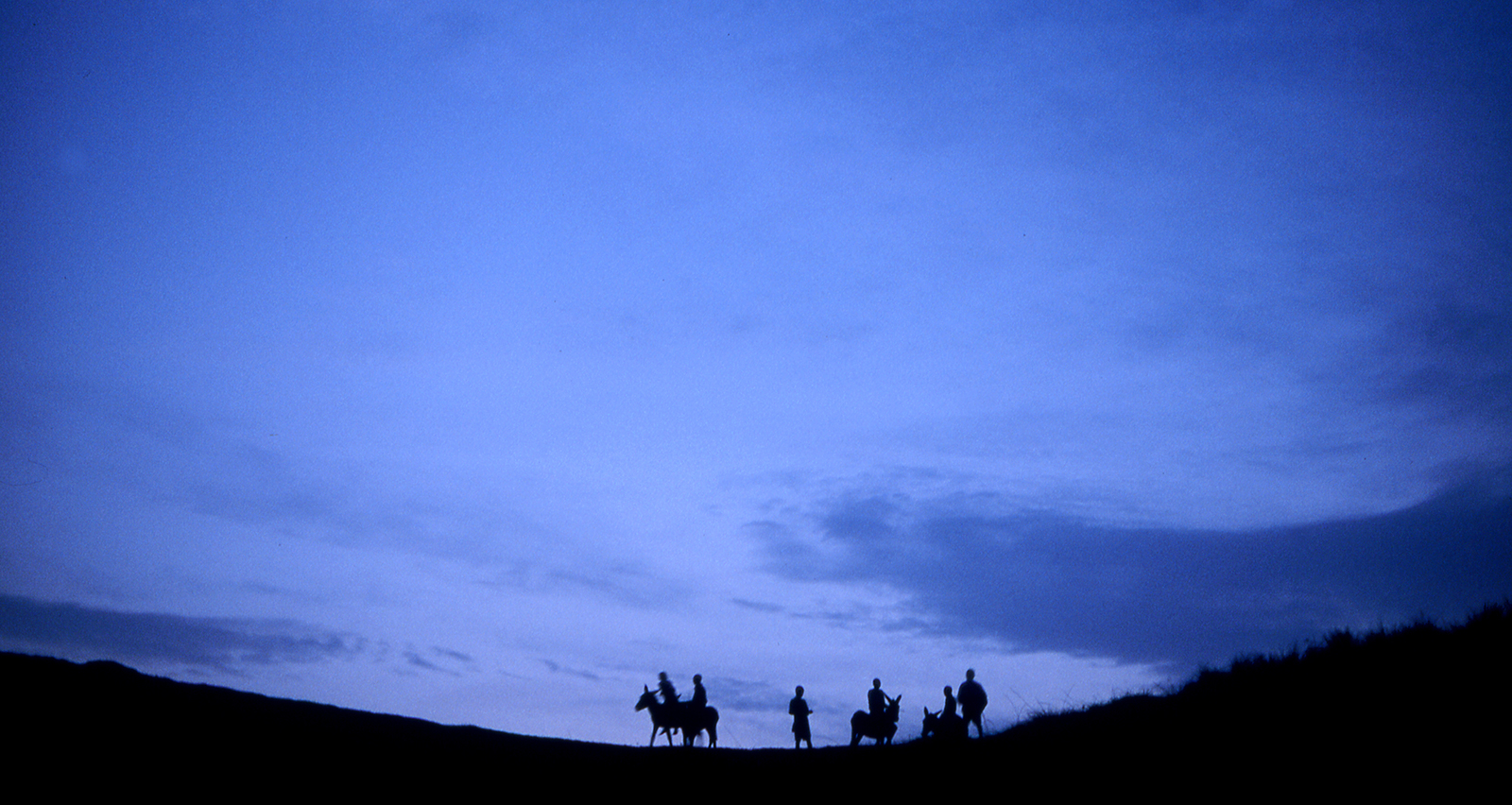 Mannen op paarden in verte op heuvel als silhouet met blauwe avondlucht