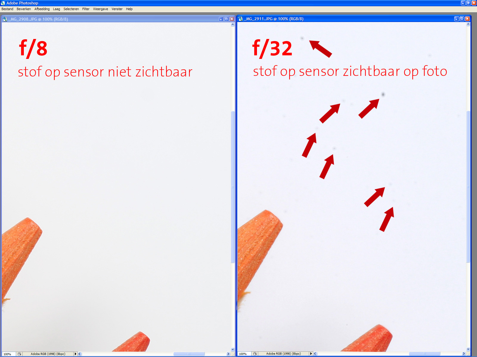 plaatje van stof op de sensor niet zichtbaar en wel zichtbaar