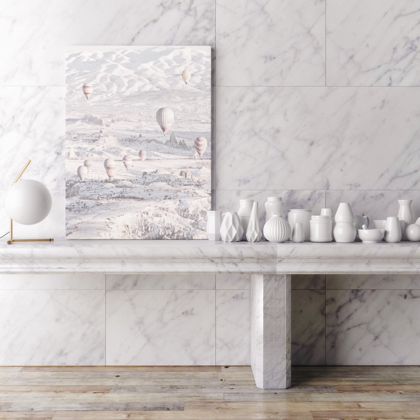 foto van interieur in marmer met foto op canvas op tafel