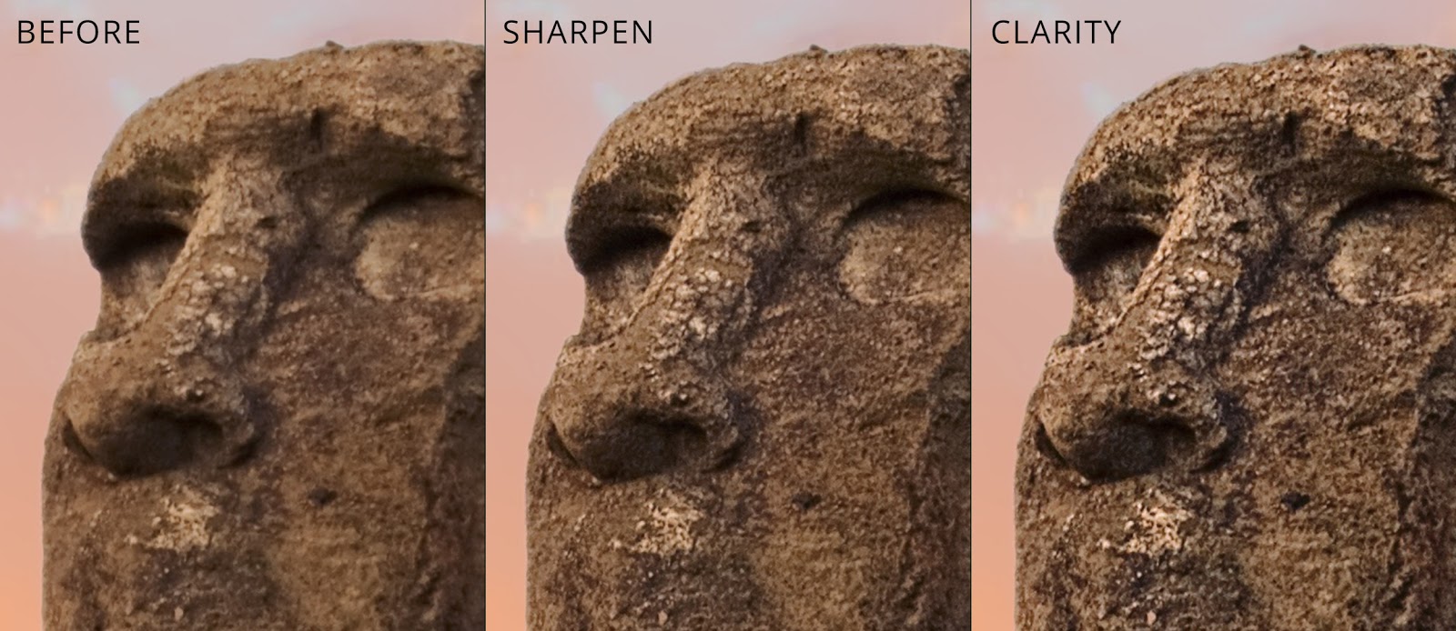 foto van drie beelden van beeldgehouwen gezichten voorbeeld bewerking in LandscapePro 3
