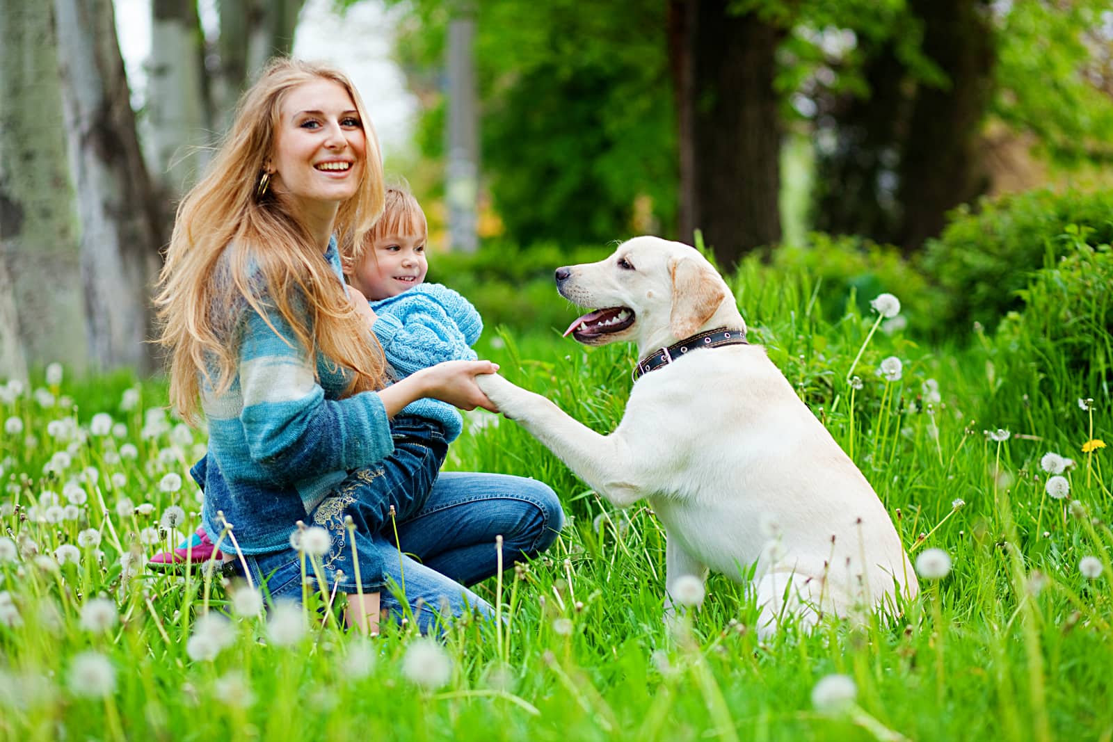 vrouw met kind op schoot geeft poot aan witte hond in bos