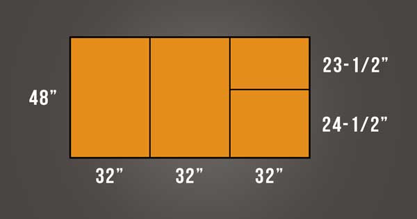 An image of a 4' x 8' plywood sheet that's 3" thick, cut into smaller transportable pieces.