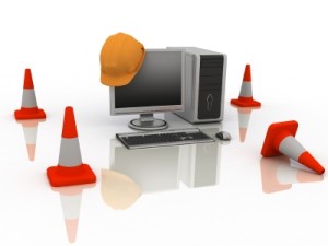 computer with saftey cones around it