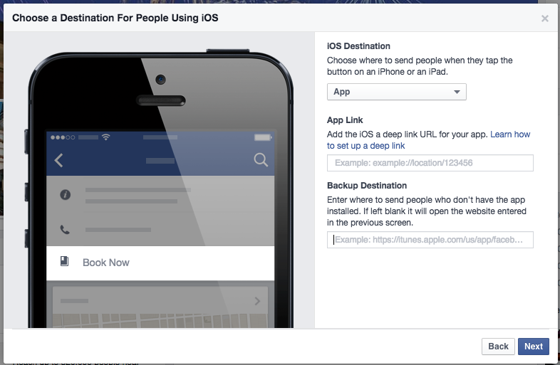 setting device attributes for book now call to action button on facebook