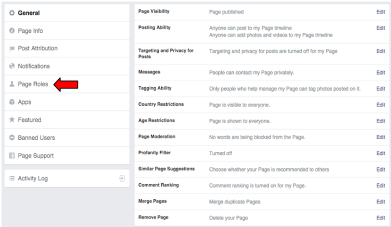 clicking on page roles in facebook business page