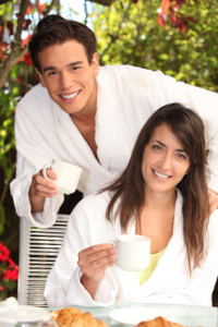 couple enjoying hotel amenities