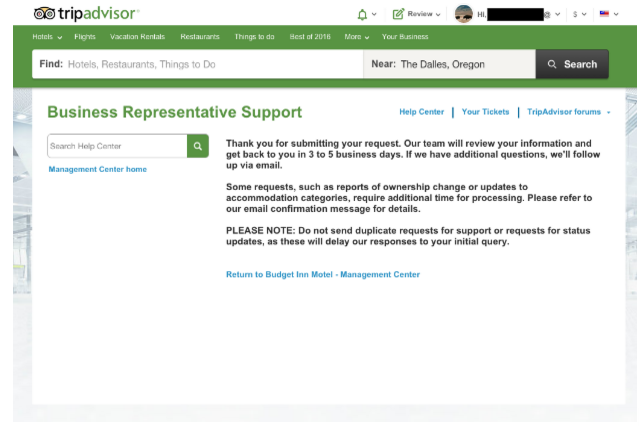 tripadvisor business account confirmation of change