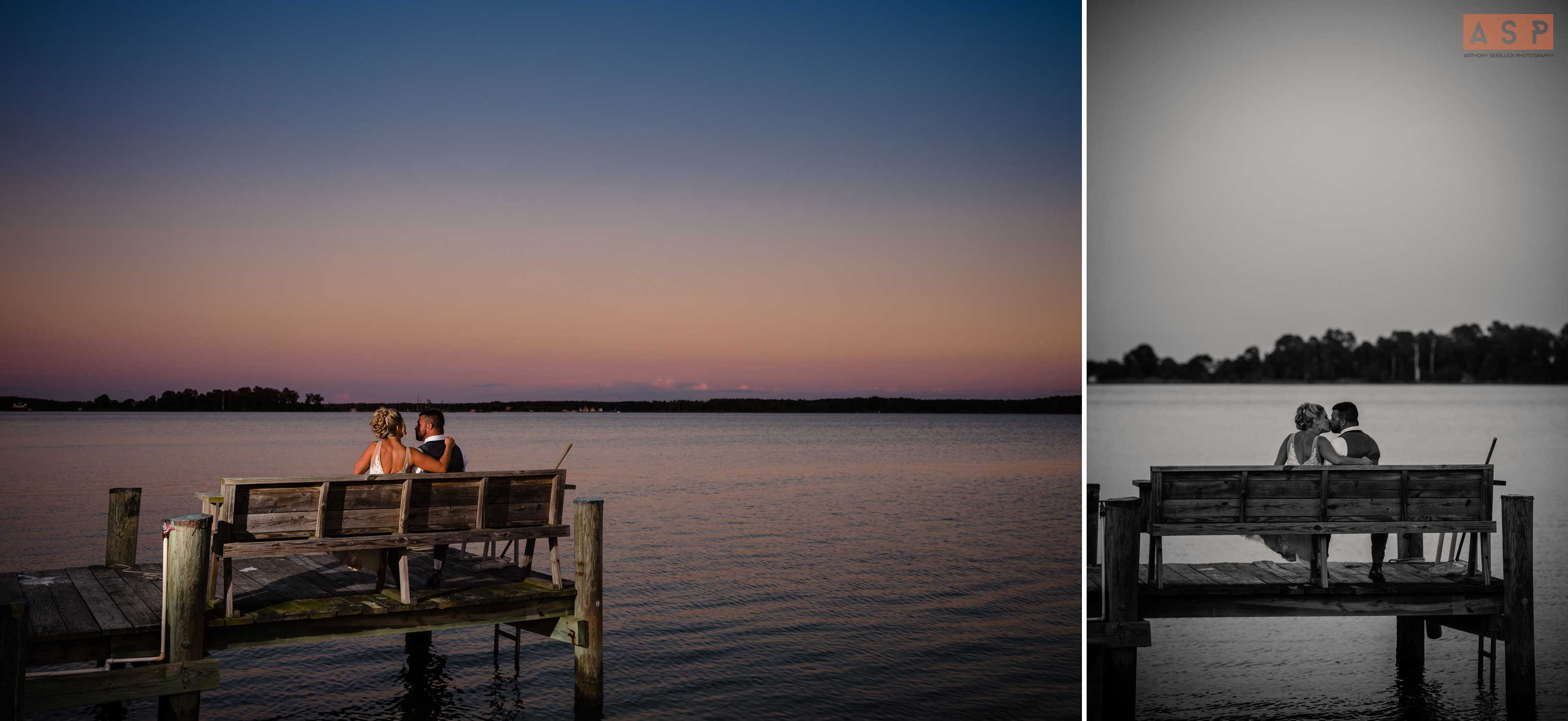 a bride and group sit on abench on a deck enjoying the sunset at swan cove manor in maryland
