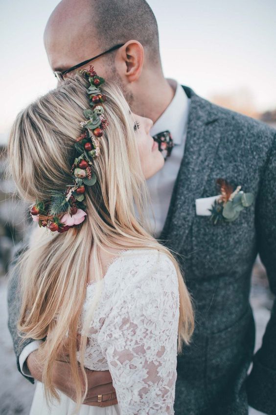 bride wearing holly crown