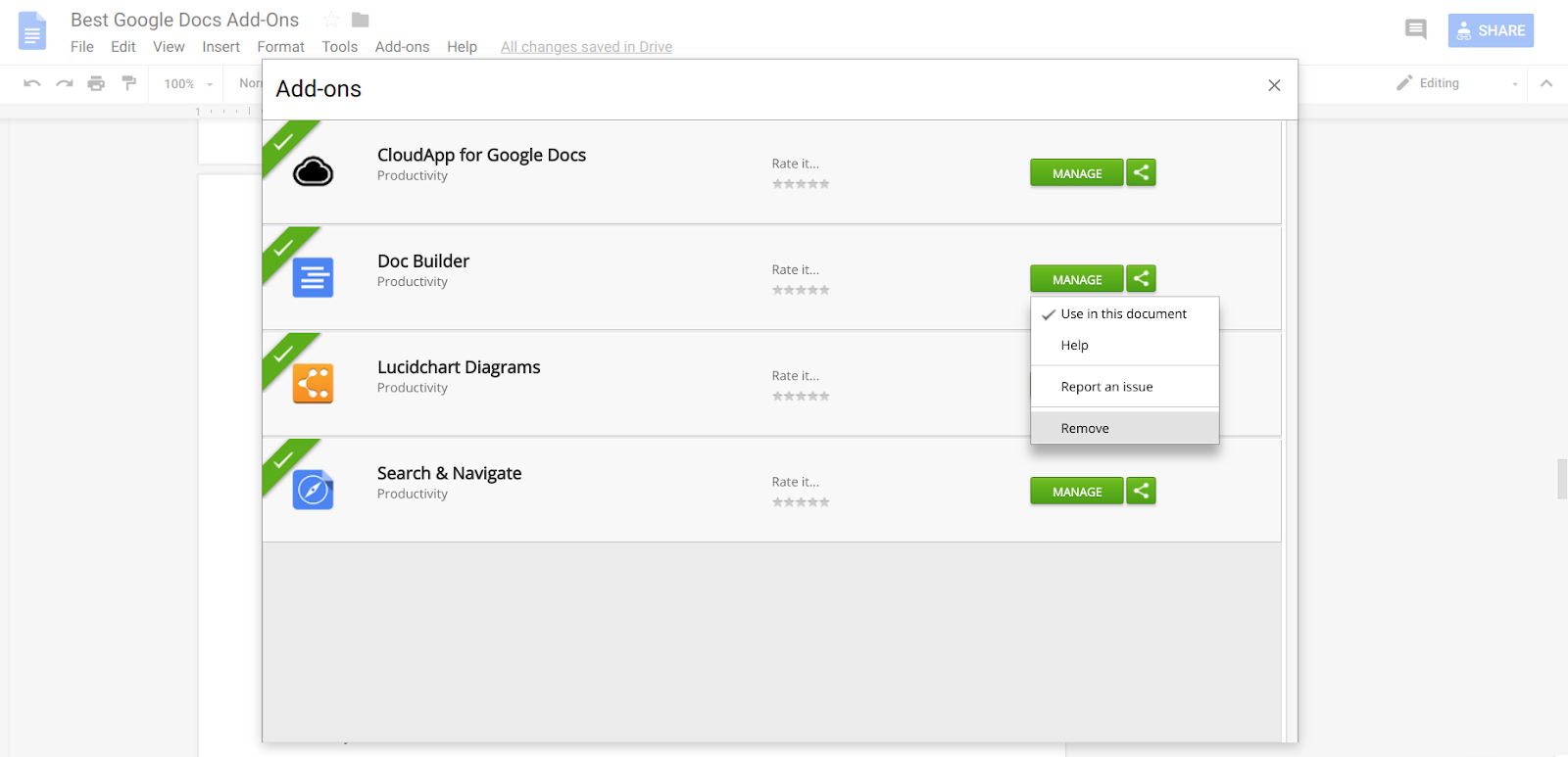 google docs add ons remove