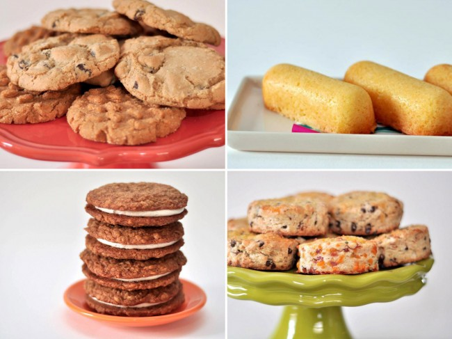 four images: plate of cookies, twinkies, plate of sandwich cookies, and a plate of pastries
