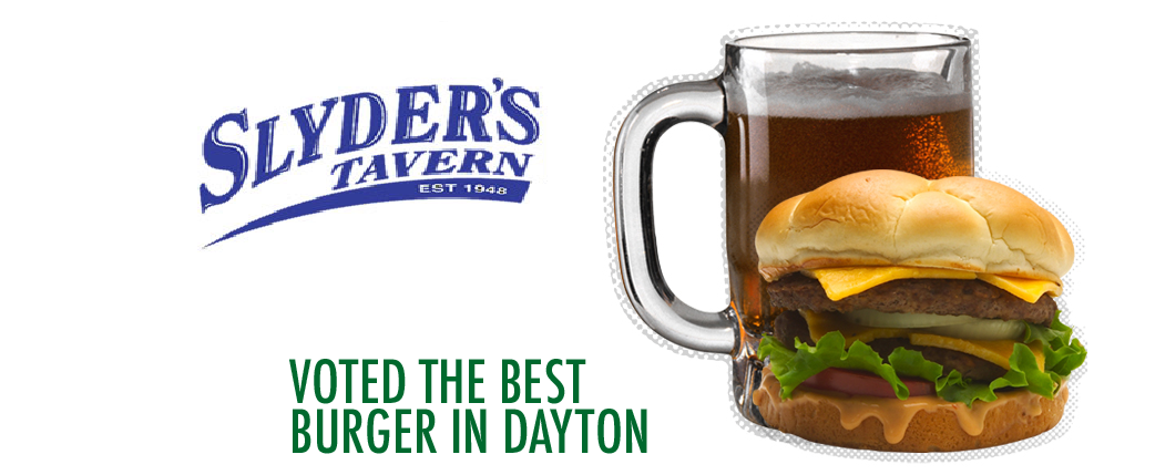 Slyder's Tavern logo with beer filled mug & the best burger in Dayton