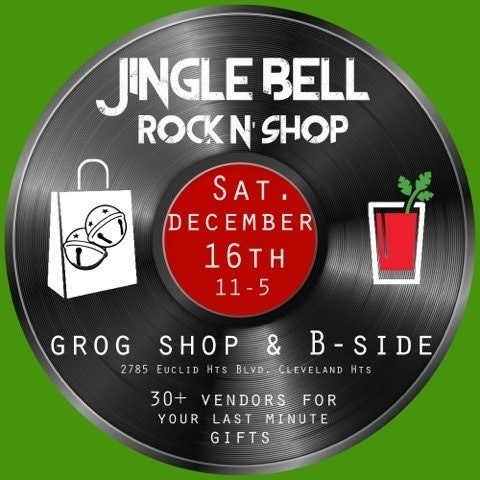 A logo for the Jingle Bell Rock and Shop featuring a record against a green background