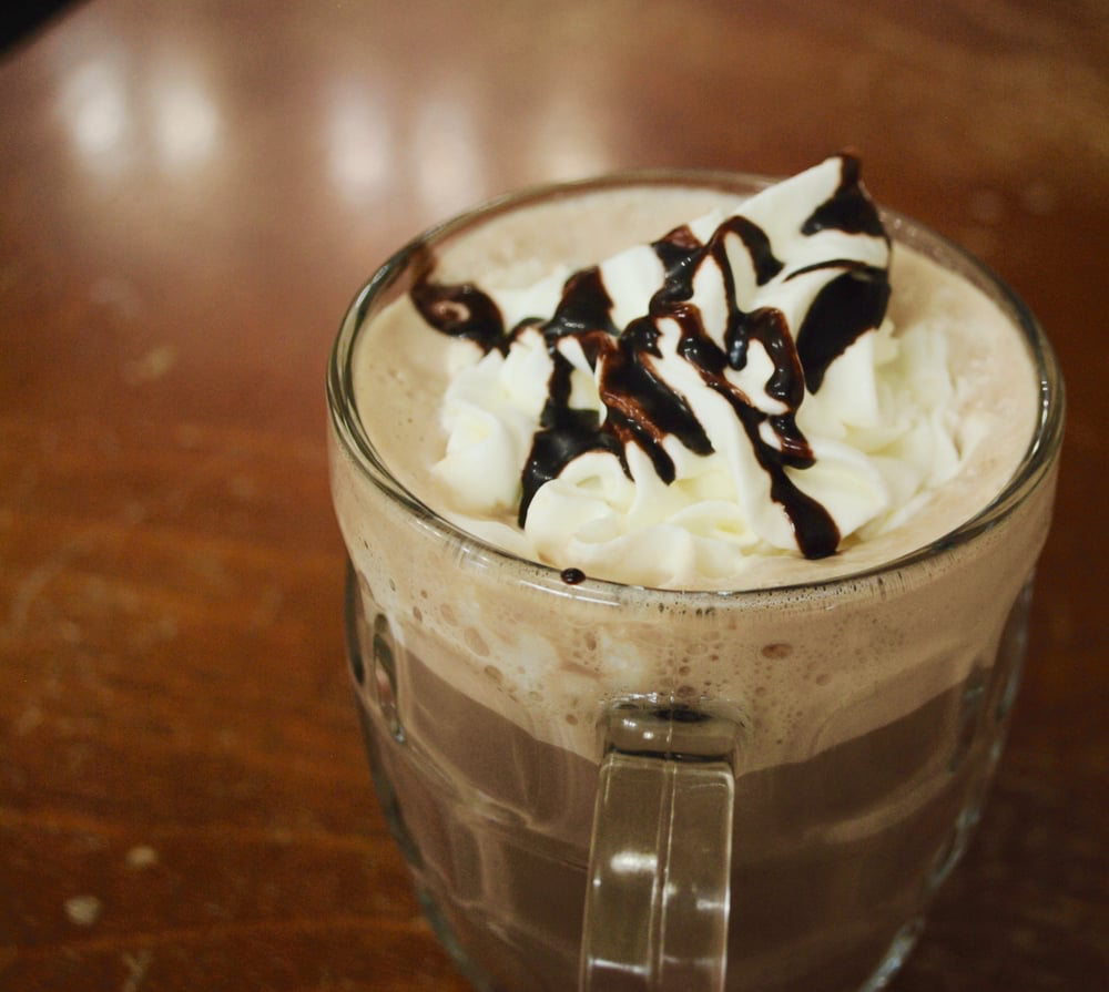 cafe mocha with whipped cream and chocolate drizzle