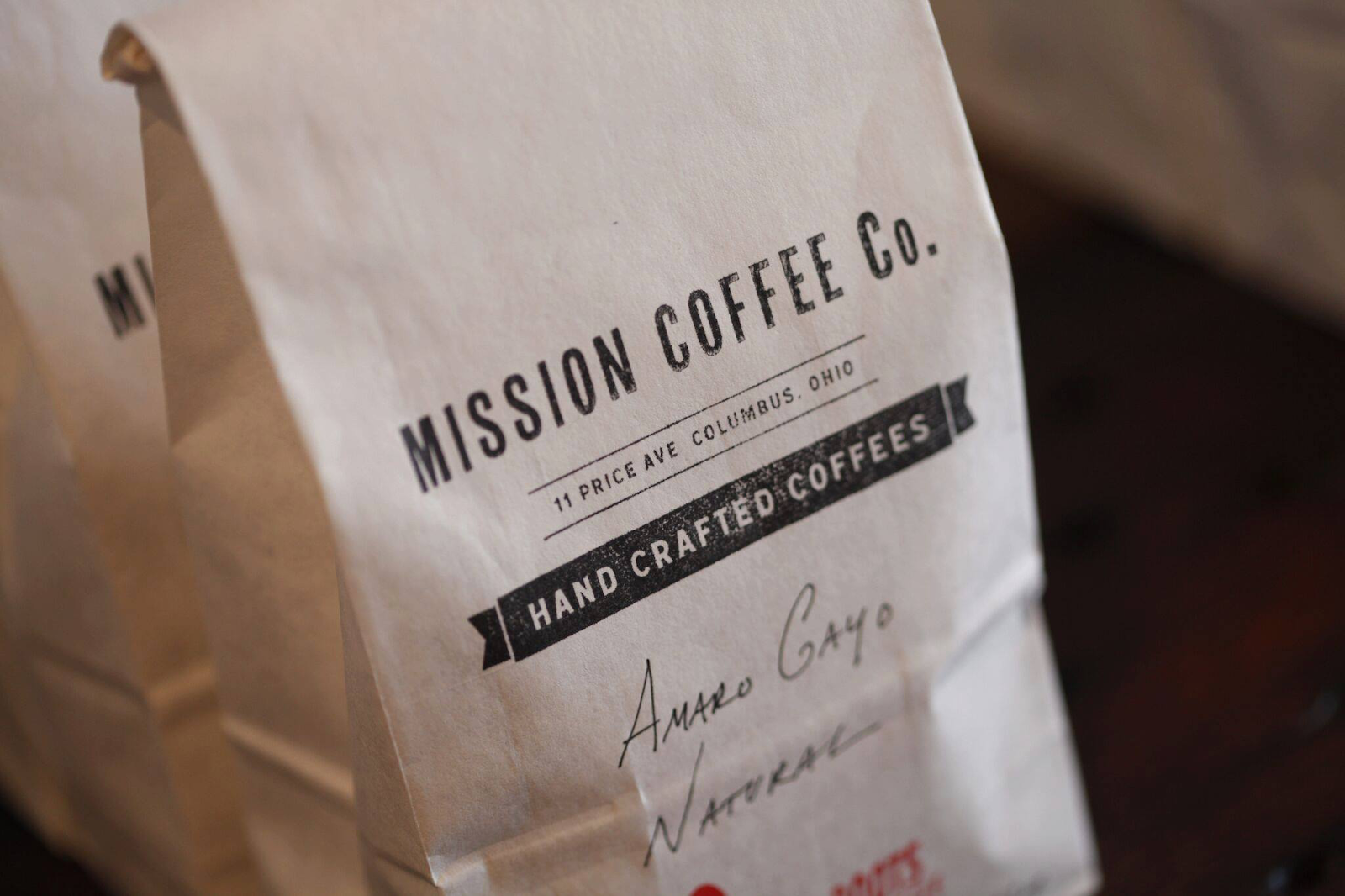 Close up of bag of Mission Coffee Co. coffee beans