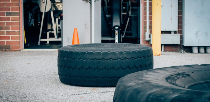 Outside training area for athletes. Large tires on ground used for flipping.