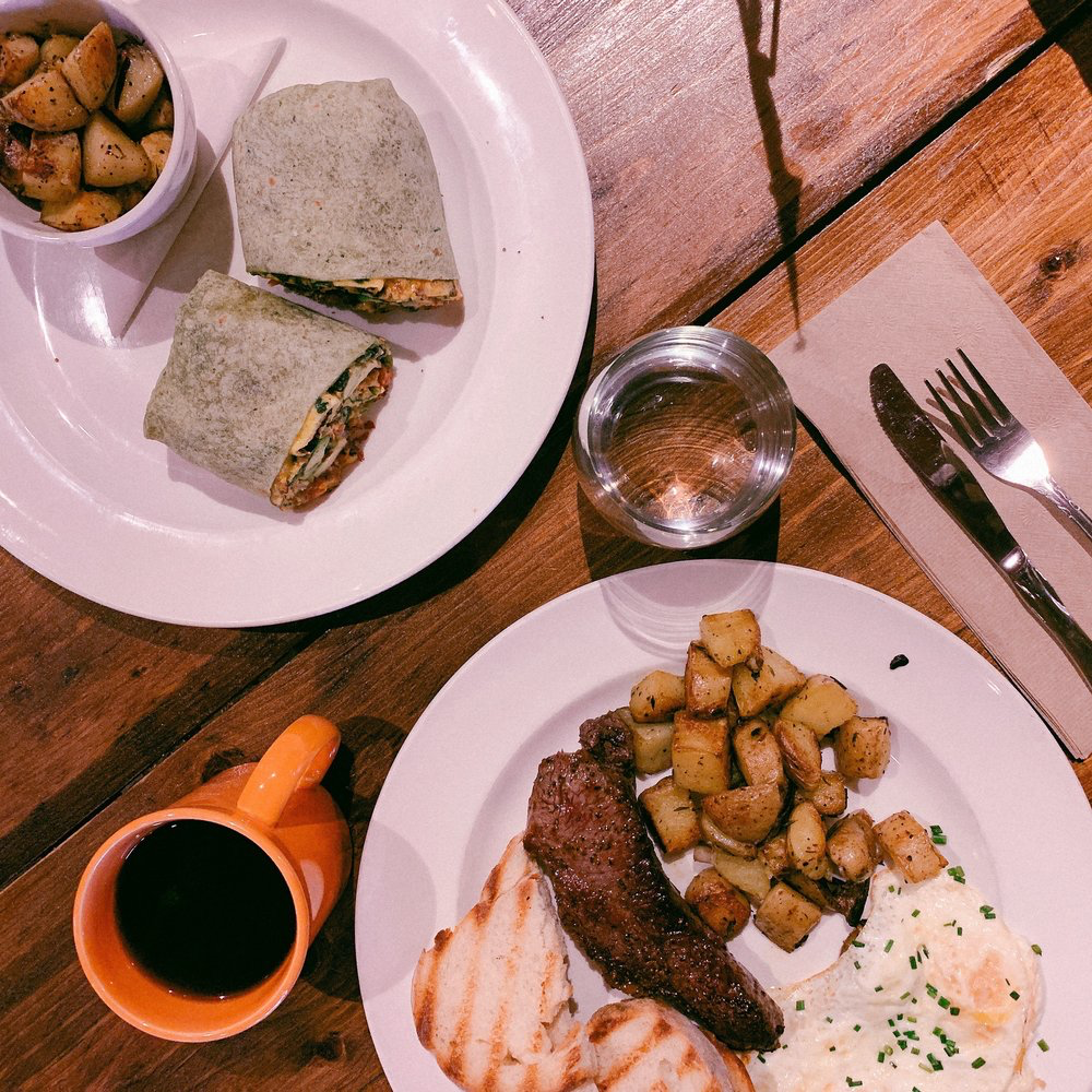 photo of breakfast items and a cup of coffee on a wooden table