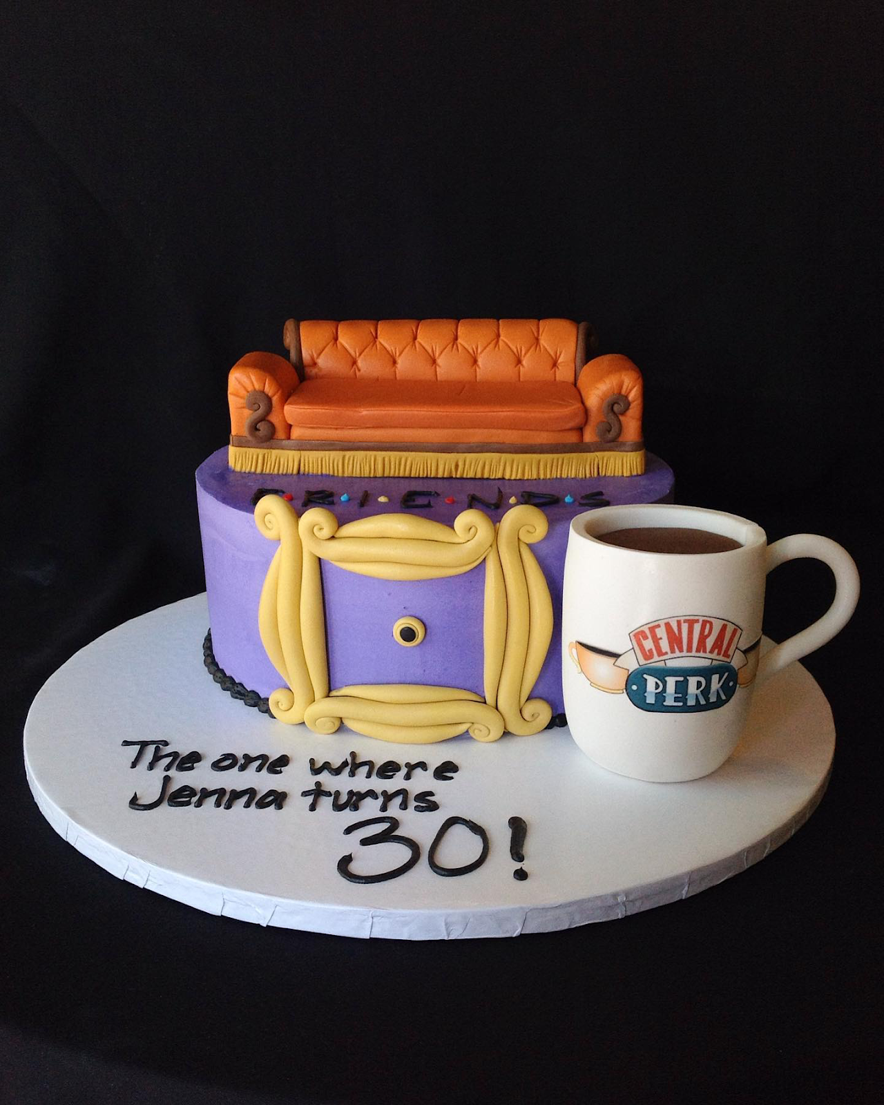 TV show Friends birthday cake with a cup of central perk coffee
