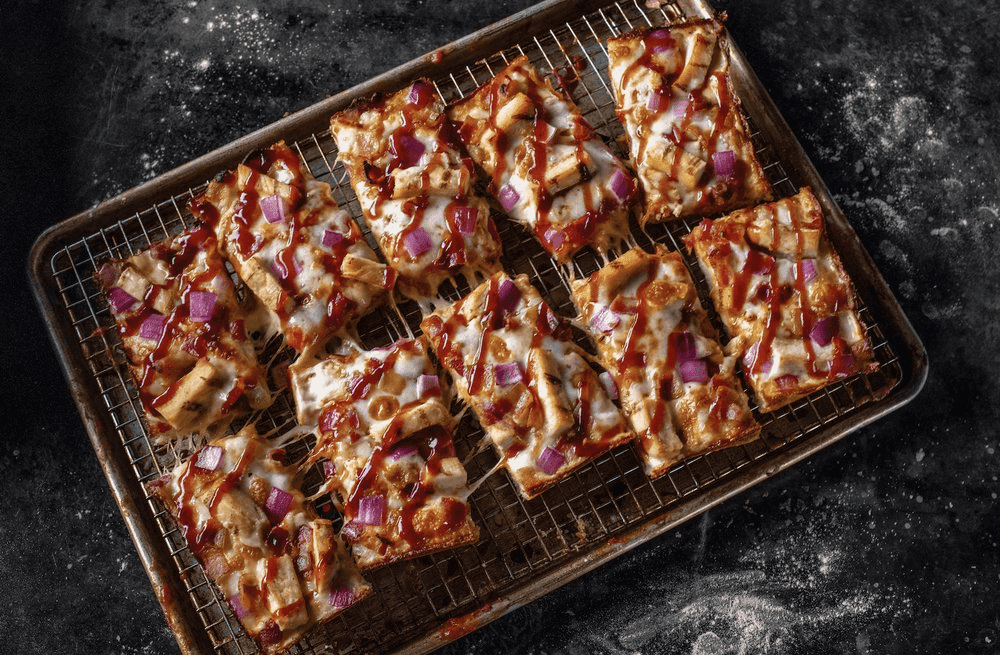rectangular pizza slices with bbq sauce