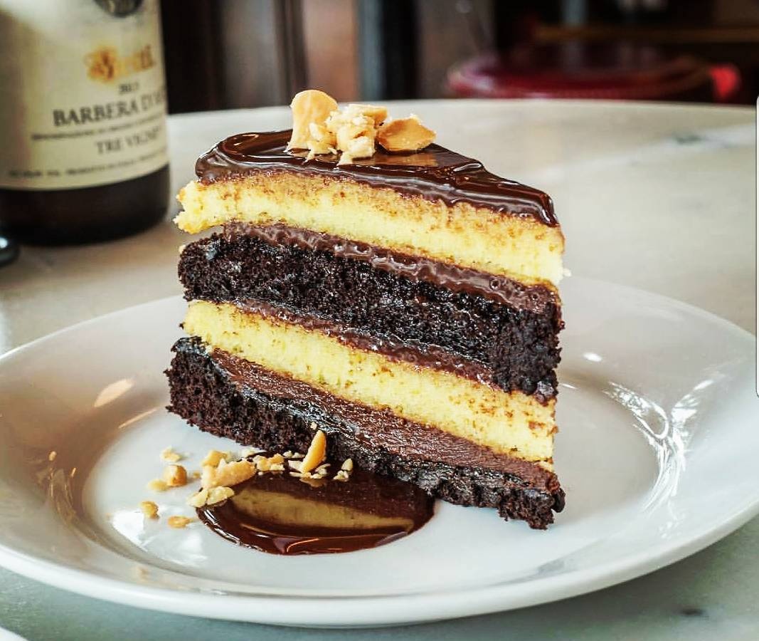 Delicious piece of chocolate and vanilla cake