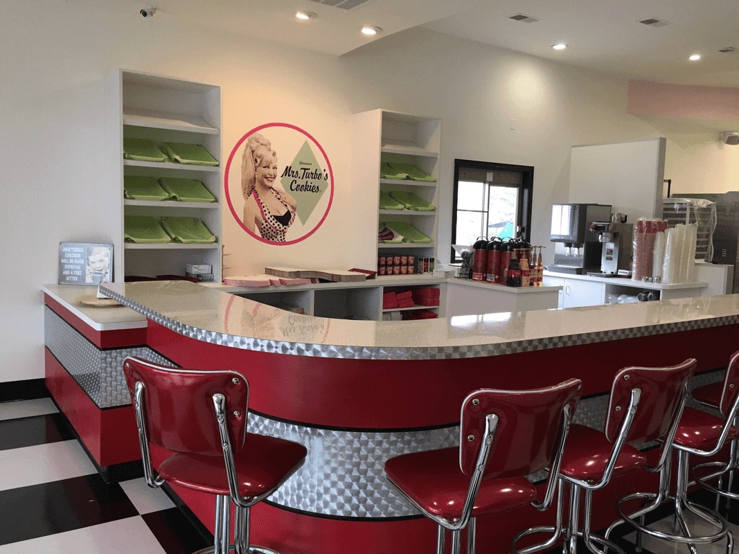 A red and white diner bar table.