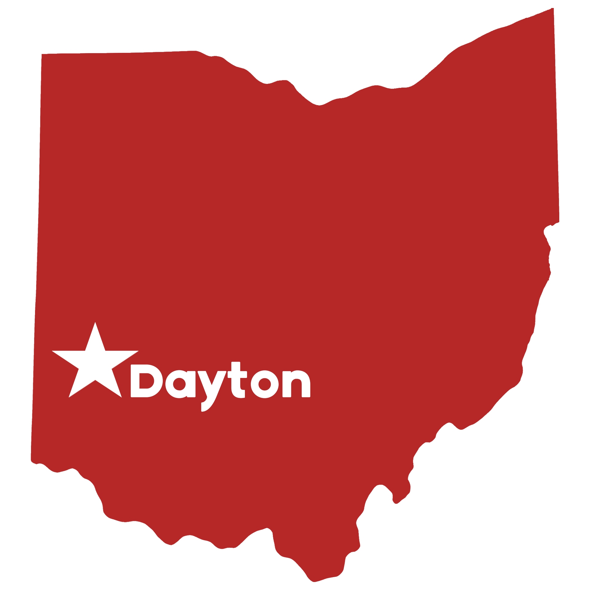 Image of the state of Ohio with Dayton marked in the southwest part of the state
