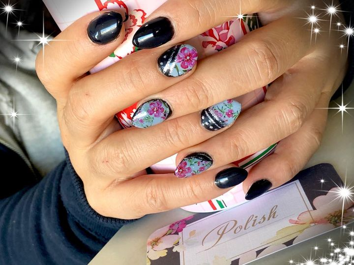 black and pink flowered nails