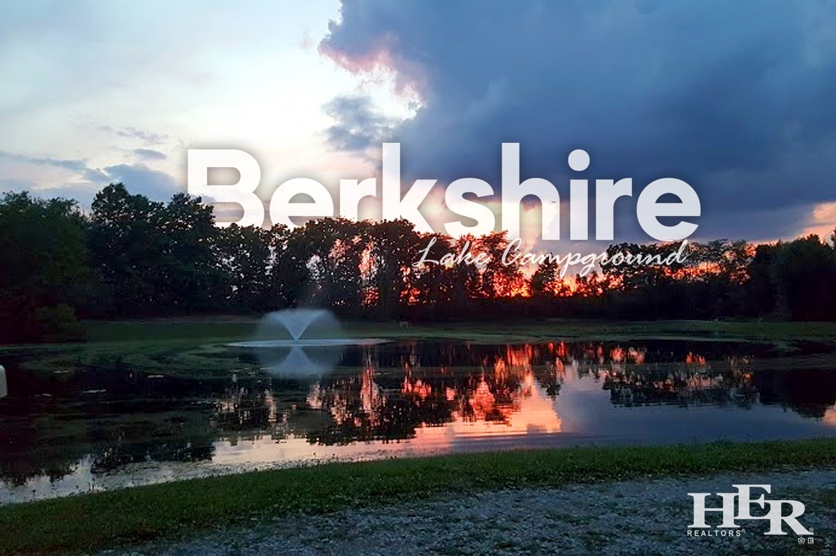 Sunset over Berkshire Lake with fountain