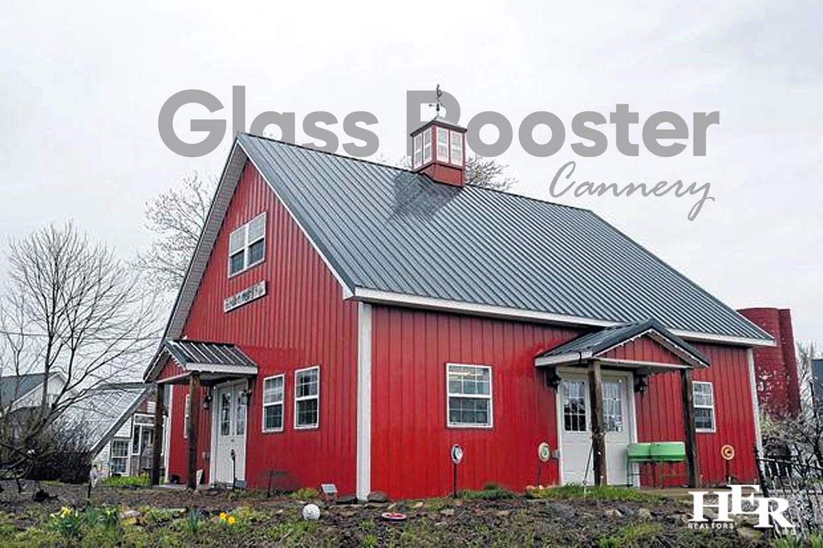 Glass Rooster Cannery, red building with blue roof