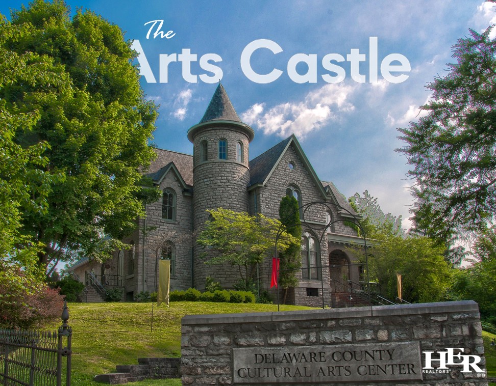 Delaware County Cultural Arts Center Castle with plaque in front