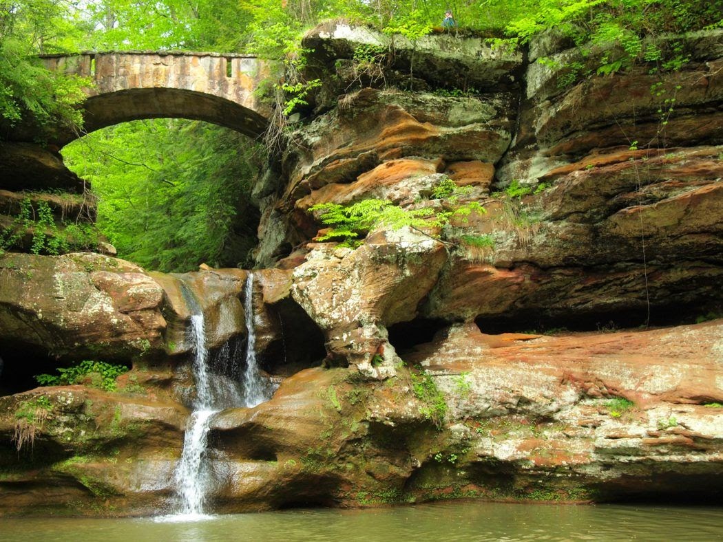 bridge over rocks and waterfall at Cedar Falls