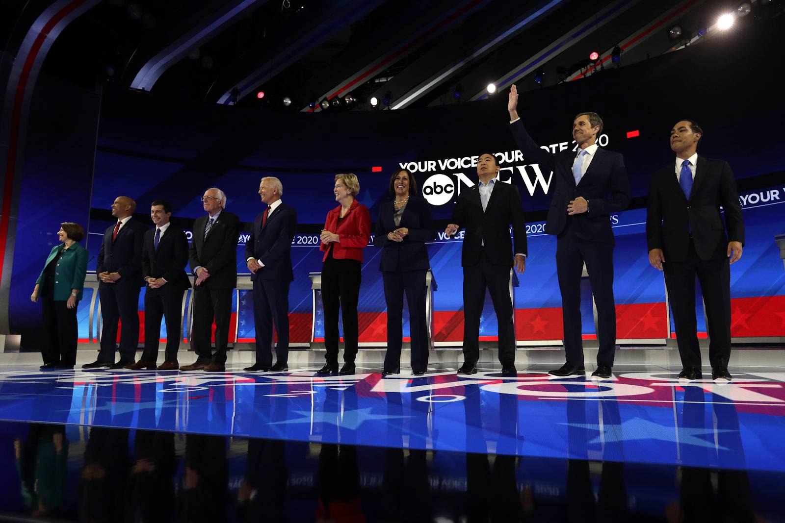 Photo of 12 Democratic candidates at the October 15 Democratic Presidential Debate in 2019