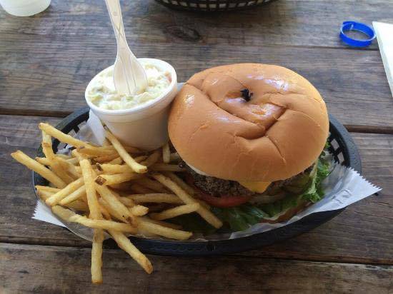 Burger, Coleslaw, and fries from Tilton Hilton