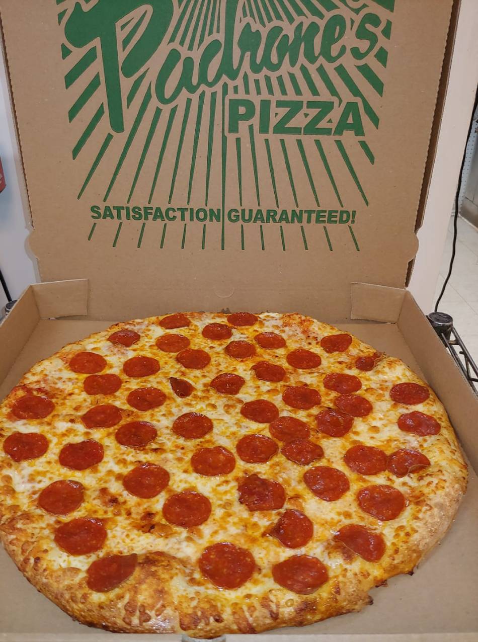 thin crust pepperoni pizza from Padrone's Pizza