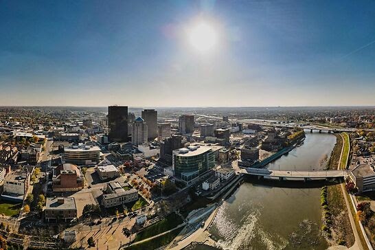 An aerial view of downtown Dayton.