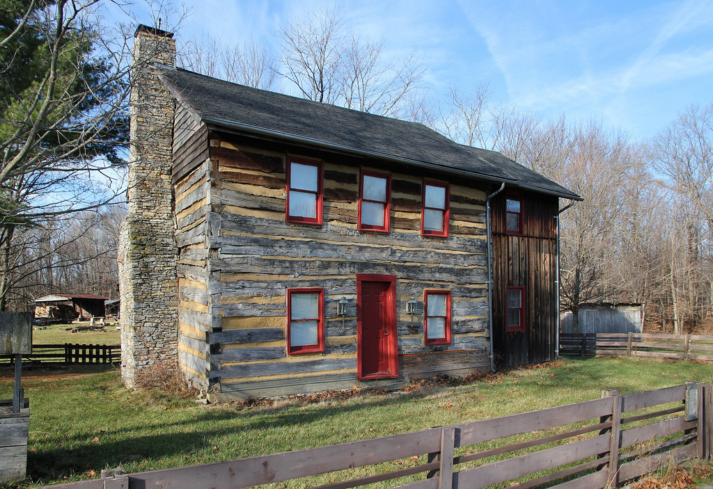 lodge with red door and windows at Caesar Creek State Park