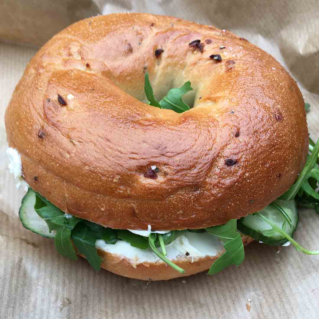 Cream Cheese & Cucumber on Sundried Tomato & Olive Bagel