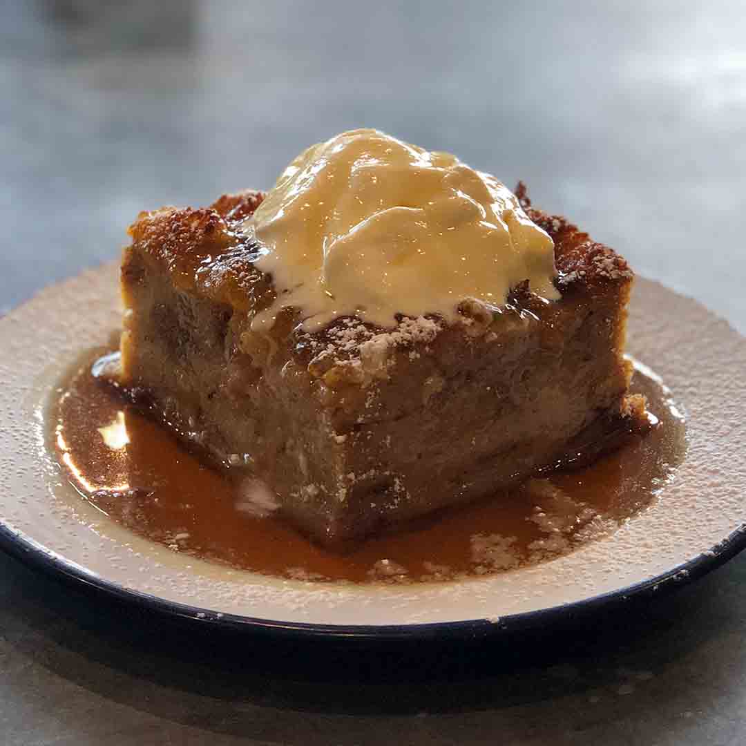 Lynwood and Co Warm Bread Pudding with Maple Syrup and Creme Fraiche