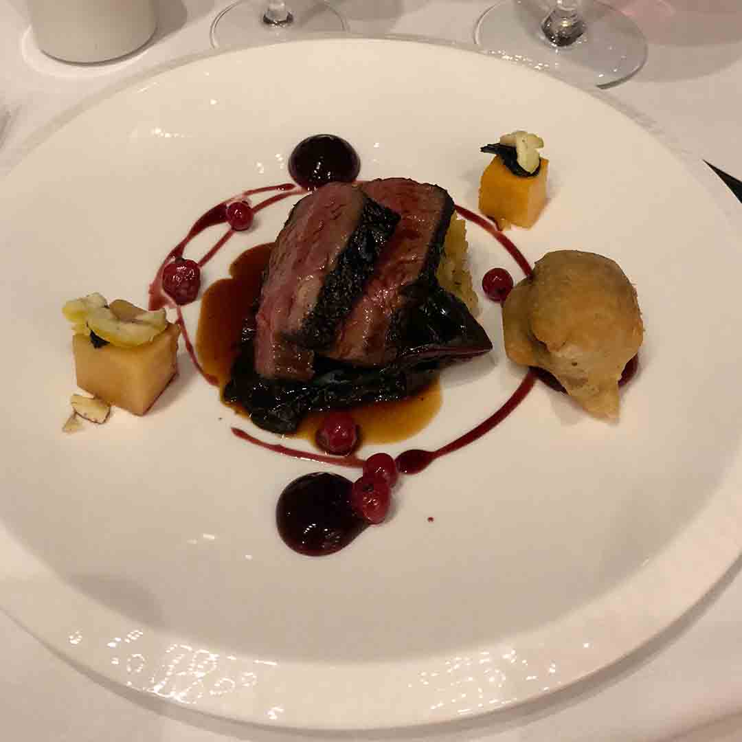 Royal Crescent tasting menu main: Barbecue lamb rump with red wine sauce.