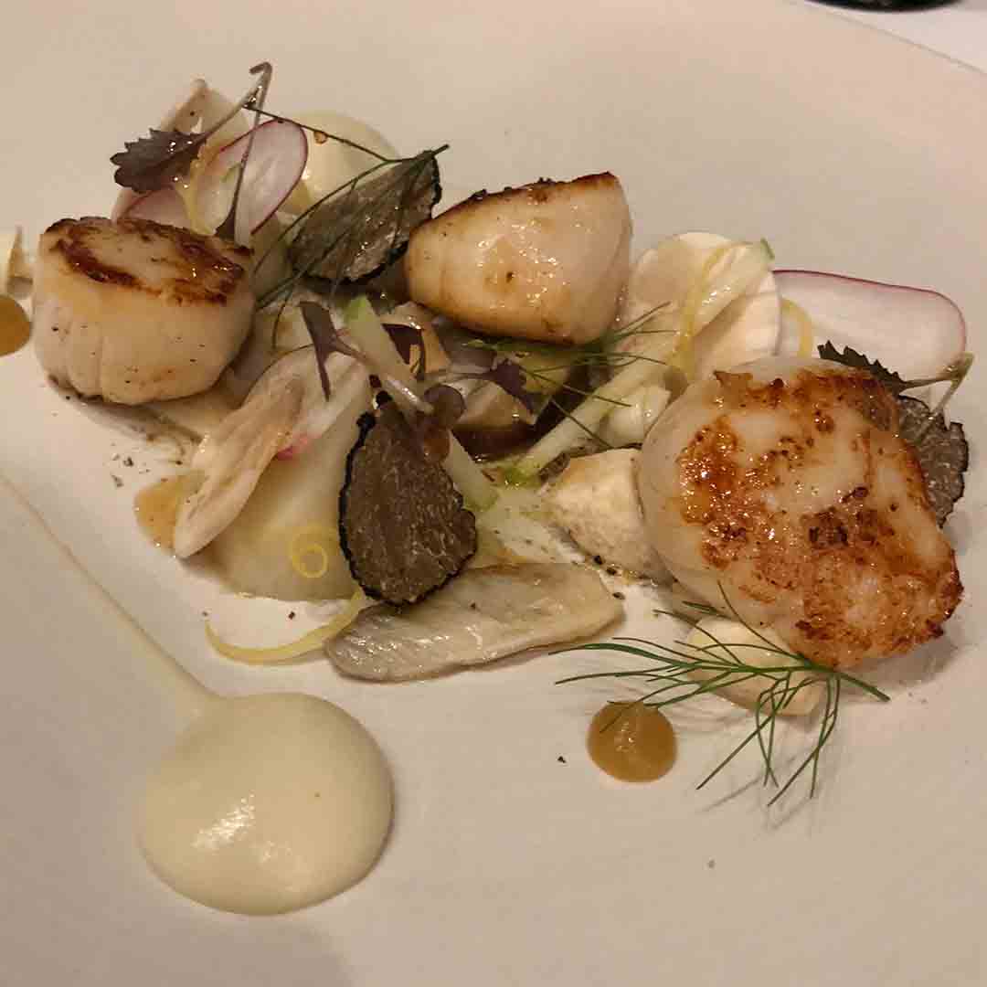 Royal Crescent tasting menu coruse: Scallops with artichoke, smoked eel and apple.