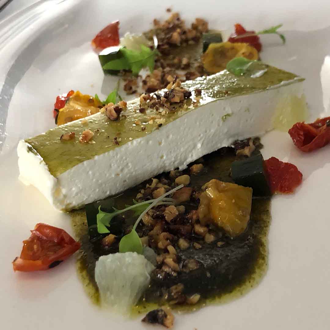 Goats Cheese Mousse with Basil Jelly, Chilli Jam and Pesto