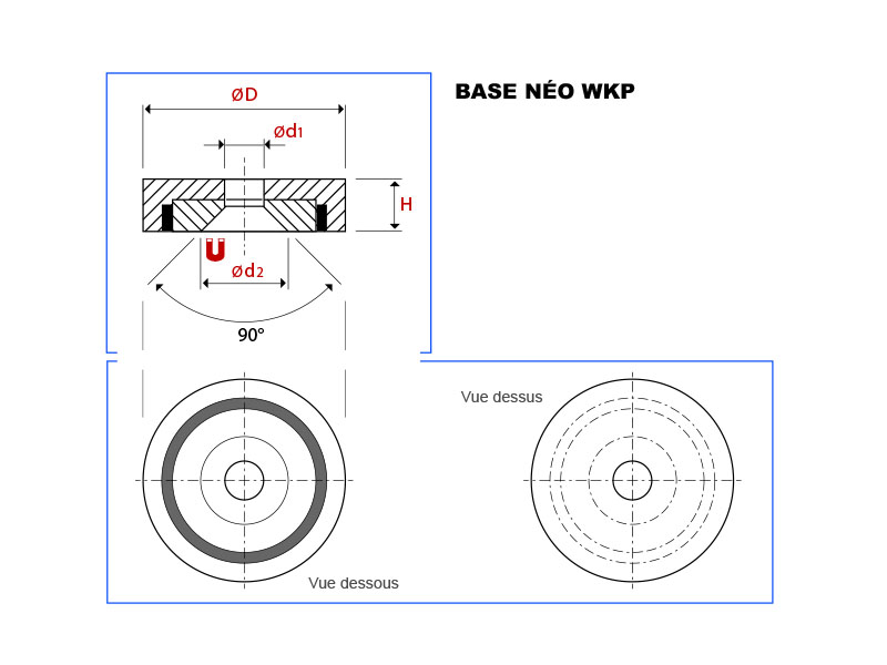 Plan de la base magnétique néodyme avec trou conique vue en coupe, vue de dessus et vue de dessous