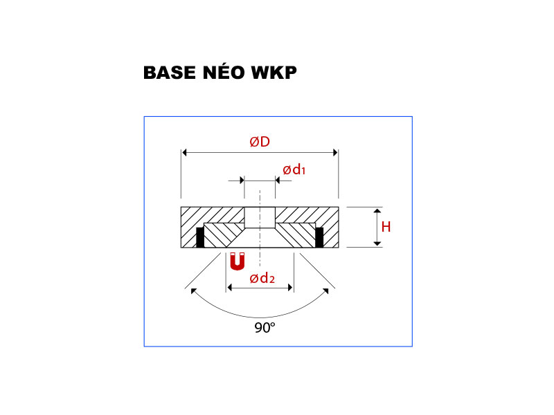 Vue en coupe de la base magnétique néodyme avec trou conique