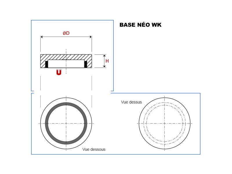 Plan de la base magnétique néodyme plate vue en coupe, vue de dessus et vue de dessous