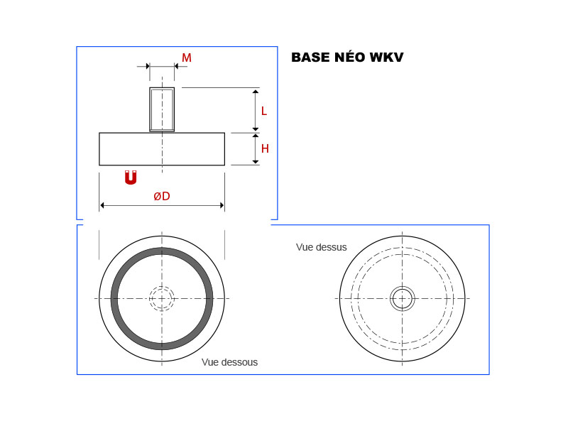 Plan de la base magnétique néodyme avec tige filetée vue en coupe, vue de dessus et vue de dessous