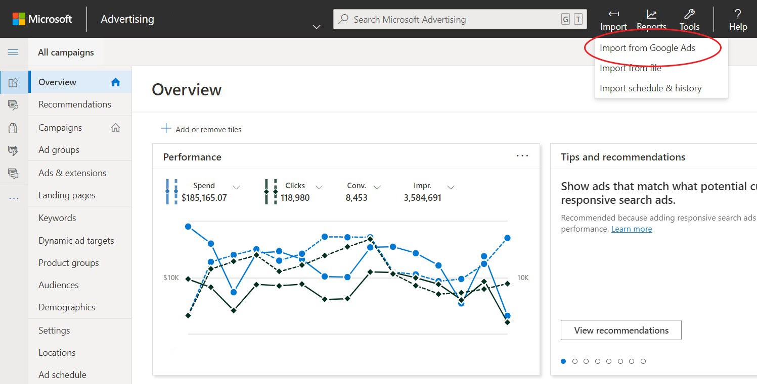 Microsoft Ads Dashboard - Import From Google Ads Button