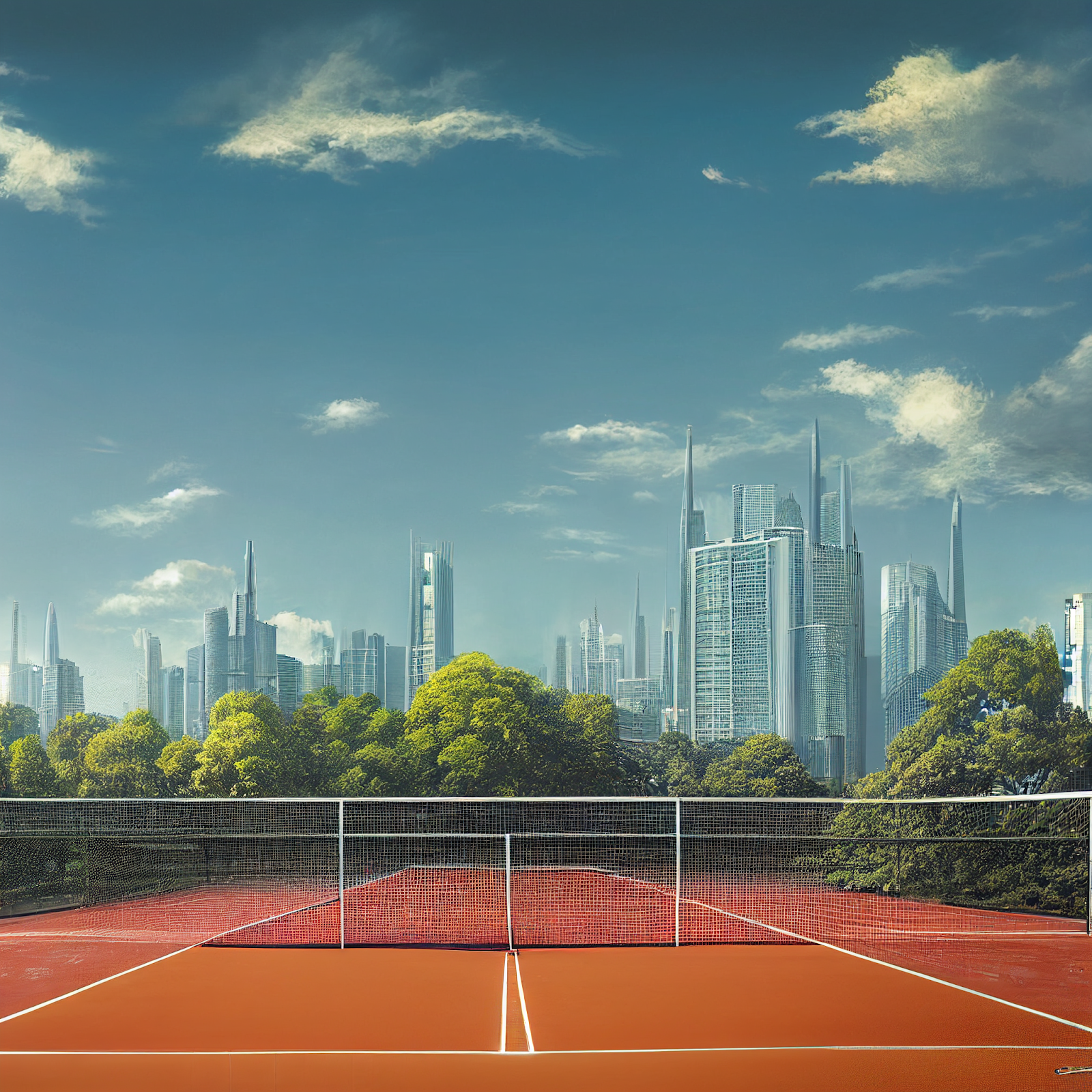 Tennis court in a futuristic city - created on Midjourney by Patrick Gilbert
