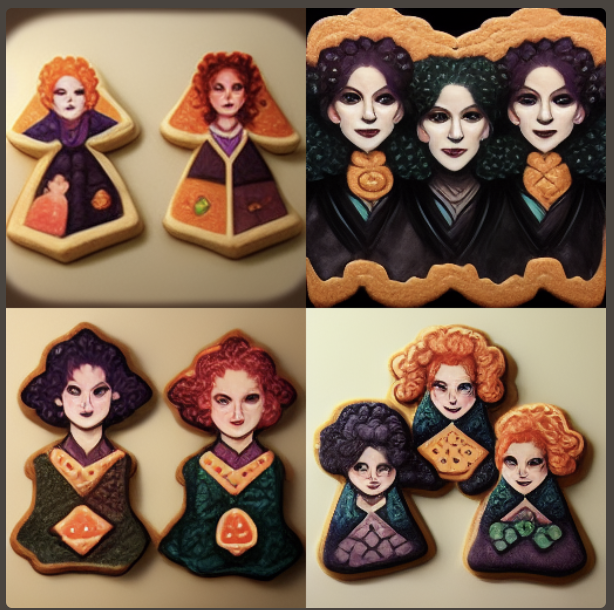 Hocus Pocus Sanderson sisters as sugar cookies - image created on Midjourney by Patrick Gilbert