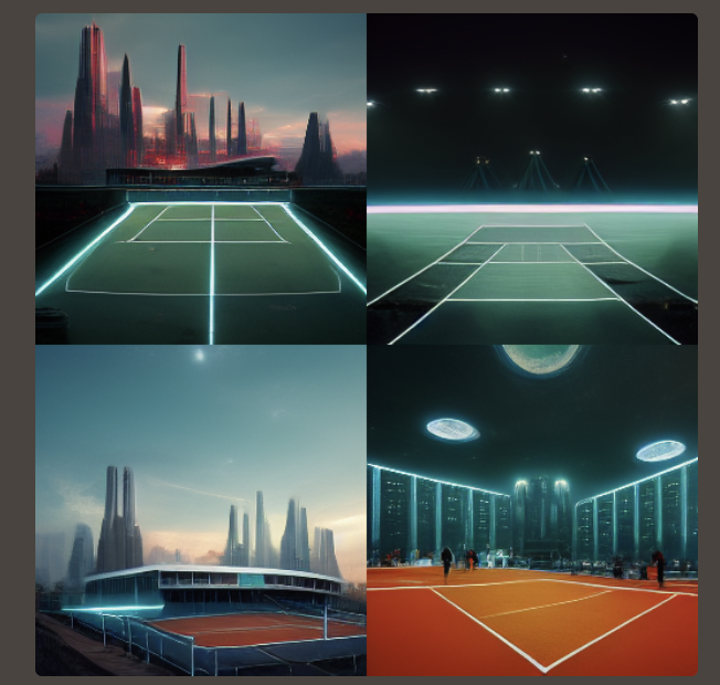 Tennis court in a futuristic city - created on Midjourney by Patrick Gilbert